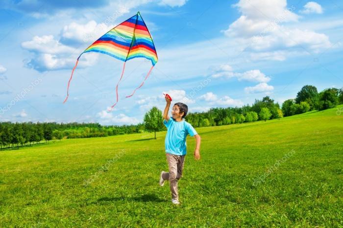 Brian's kite is flying above a field